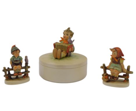 Two Goebel Hummel figures, modelled as Just Resting and Wayside Harmony, 9.5cm high, together with a jar and cover, the top d
