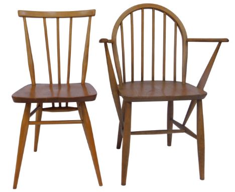 Two Ercol elm and beech chairs, comprising a stick back chair, number 884923, and a stick back open armchair, stamped 1960.