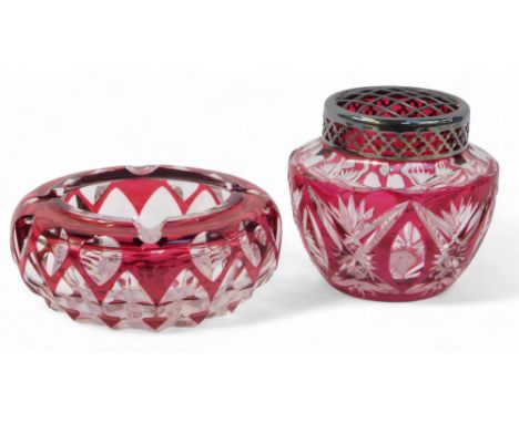A Val St Lambert ruby flash cut glass ashtray, etched mark, 16cm diameter, together with a ruby flash glass rose bowl, with p