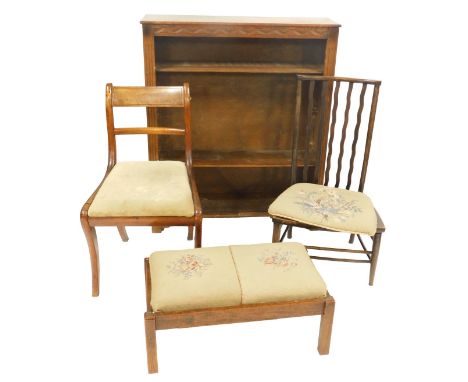 A group of furniture, comprising a 20thC oak open bookcase, 108cm high, 91cm wide, 26cm deep, together with an oak framed sto