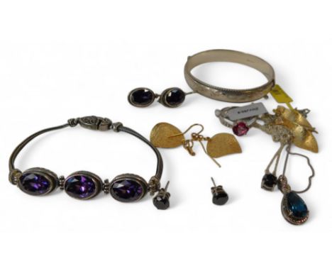 A group of silver and other jewellery, comprising silver bangle, silver and paste stone set drop earrings, various unmarked l