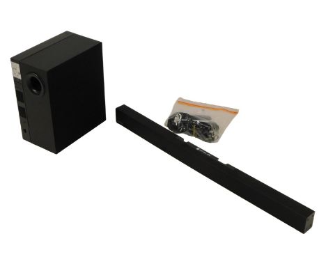A Samsung wireless sound bar with subwoofer, model number PS-WK450, with lead, remote and instruction manual, 