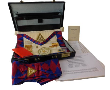 A group of masonic regalia, comprising sash and apron, and a booklet relating to the St Guthlac Lodge of Market Deeping, encl