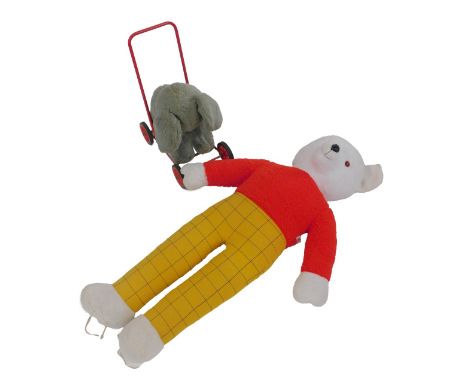 A Tebro soft toy Rupert the Bear, 108cm high, together with the Deans Elephant walk-a-long toy. (2)