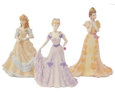 Three Coalport bisque porcelain figures, modelled as Age of Elegance First Waltz, Midsummer Dream, and Eastern Bonnet. 