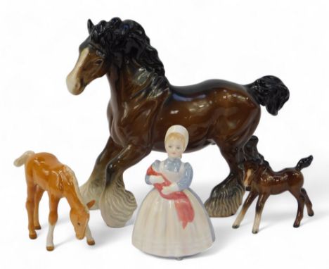 A Beswick pottery figure modelled as a shire horse, 21cm high, together with a Royal Doulton porcelain figure modelled as The