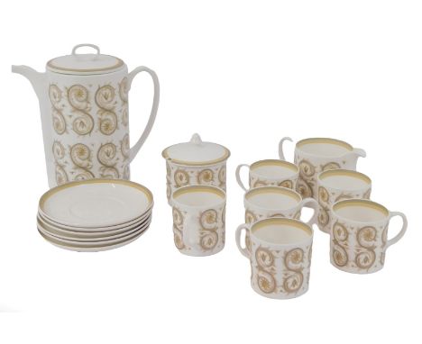 A Susie Cooper porcelain Venetia pattern coffee service, comprising a coffee pot, six coffee cups and saucers, a milk jug, an