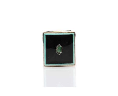 An Art Deco silver and guilloche enamel ciagrette case by Charles Green, Birmingham 1932, the lid inset with a jade and marca
