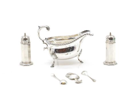 A collection of silver items  comprising a sauceboat, by George Nathan &amp; Ridley Hayes, Chester 1908, 16cm wide, a cased p