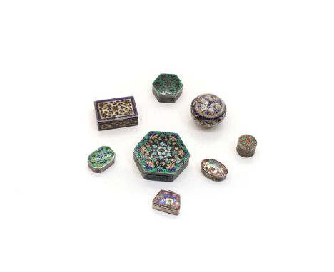 A group of silver and enamel boxes 20th century, Indian, comprising a hexagonal example, marked 925, decorated with floral mo