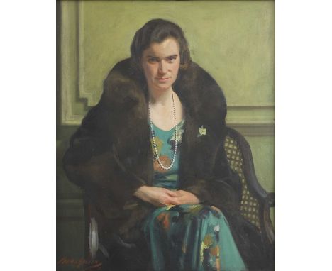 ▲ David Cowan Dobson (1894-1980) Portrait of a lady, three-quarter-length seated, in a green flowery dress and fur coatsigned