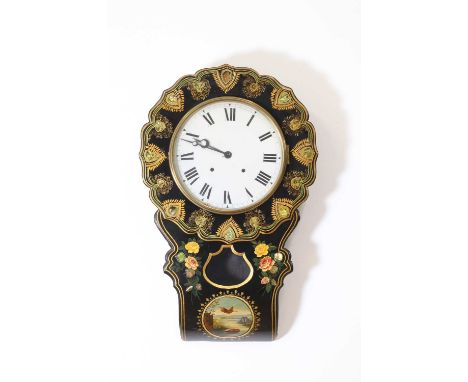 A Victorian Japanned papier mache wall clock the 12" enamel dial with Roman numerals, to a gilt and mother of pearl indlaid b