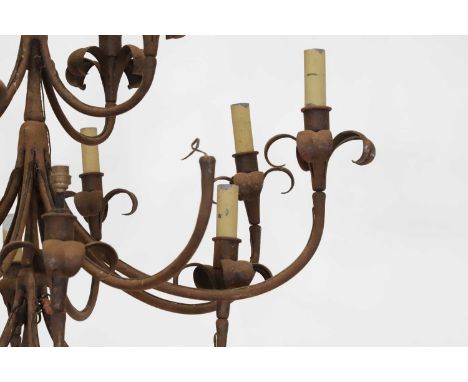A wrought-metal sixteen-light chandelier, 20th century, with petalled branches,90cm diameter95cm highProvenance: Wolterton Ha
