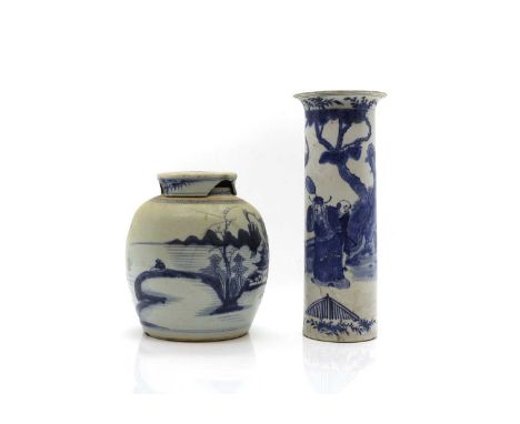 A Chinese blue and white ginger jar and cover, 19th century, painted landscape scene, 25.5cm togther with a blue and white cy