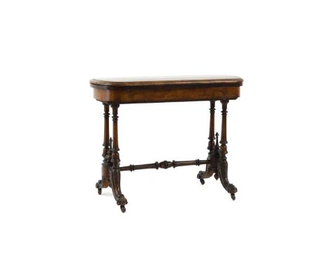 A Victorian inlaid figured walnut card table, with stretchered base,83cm wide46cm deep69cm highCondition ReportKnocks and wea