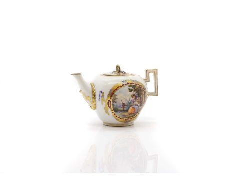 A Meissen style porcelain teapot and cover,  late 18th century, of small bulging form, painted on one side with a rural scene