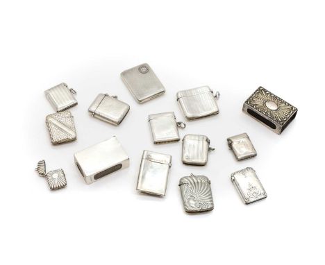 A collection of silver vesta cases Birmingham and London 1889-1945, to include examples with engine-turned, planished, and em