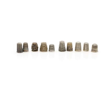 A large collection of silver thimbles comprising 100 in total, with various engine-turned, engraved and enamelled decorations