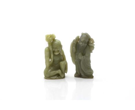 Two Chinese jade figures, 20th century, comprising:one luohan, seated holding a staff with a bat and double gourd to the top,