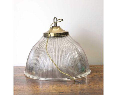 A large Holophane light fitting, 20th century, with a brass mount, with ring suspension, moulded to the base rim 'Holophane E