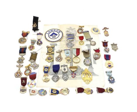 A group of masonic and R.A.O.B medals to include enamelled and silver examples, including the Royal Antediluvian Order of Buf