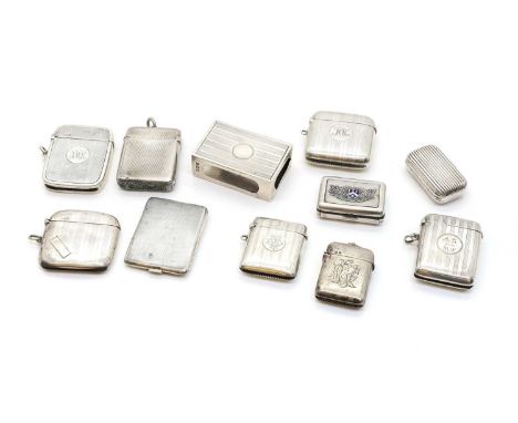 A collection of silver vesta cases Birmingham and Chester 1901-1936, to include examples with engine-turned, and enamelled de