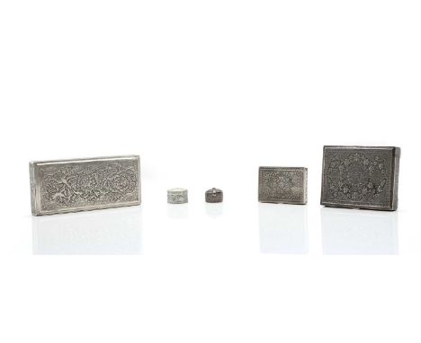 A group of Iranian silver boxes 20th century, comprising a rectangular example, depicting birds amongst flowers and foliage, 