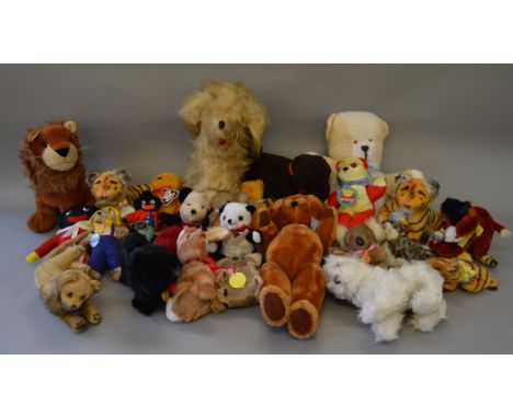 Selection of soft toys: Steiff cat with button in ear; three Chiltern Koala Bears with tags; Fairylite Golly with tag; four C