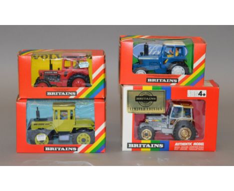 Britains, a group of 1:32 scale tractors: 5892 Centenary Limited Edition; 9525 Mercedes-Benz Tractor; 9521 Volvo Tractor; 952