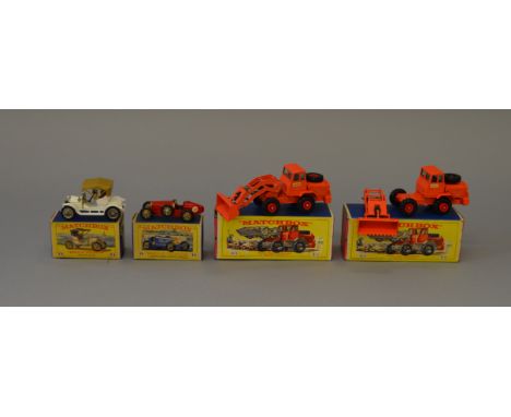 Four Matchbox diecast models: two K-3 Hatra Tractor Shovel; Y-4 1909 Opel Coupe; Y-6 Supercharged Bugatti Type 35. Overall G 