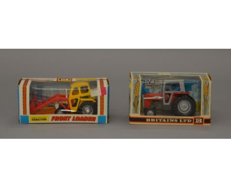 Two Britains 1:32 scale Massey Ferguson tractor models: 9572 Front Loader; 9522 tractor with cab. Both E in VG window boxes. 