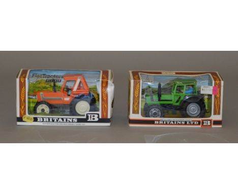 Two Britains 1:32 scale model tractors: 9526 Deutz; 9528 Fiat. Both E in VG window boxes, one slightly crushed and creased. (