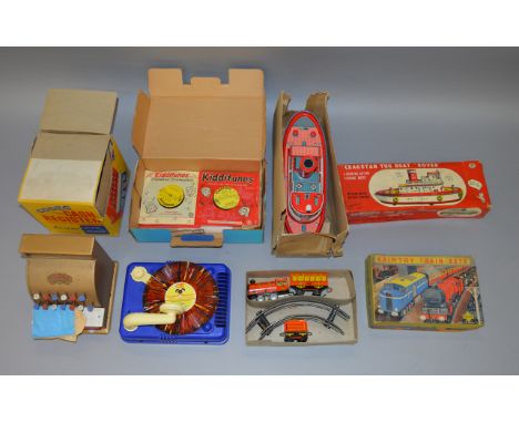 Mixed lot: Marx Record Player; Codeg Cash Register; WelsoToys Brimtoy 352 Train Set; Cragstan Tug Boat Rover. Overall VG in F