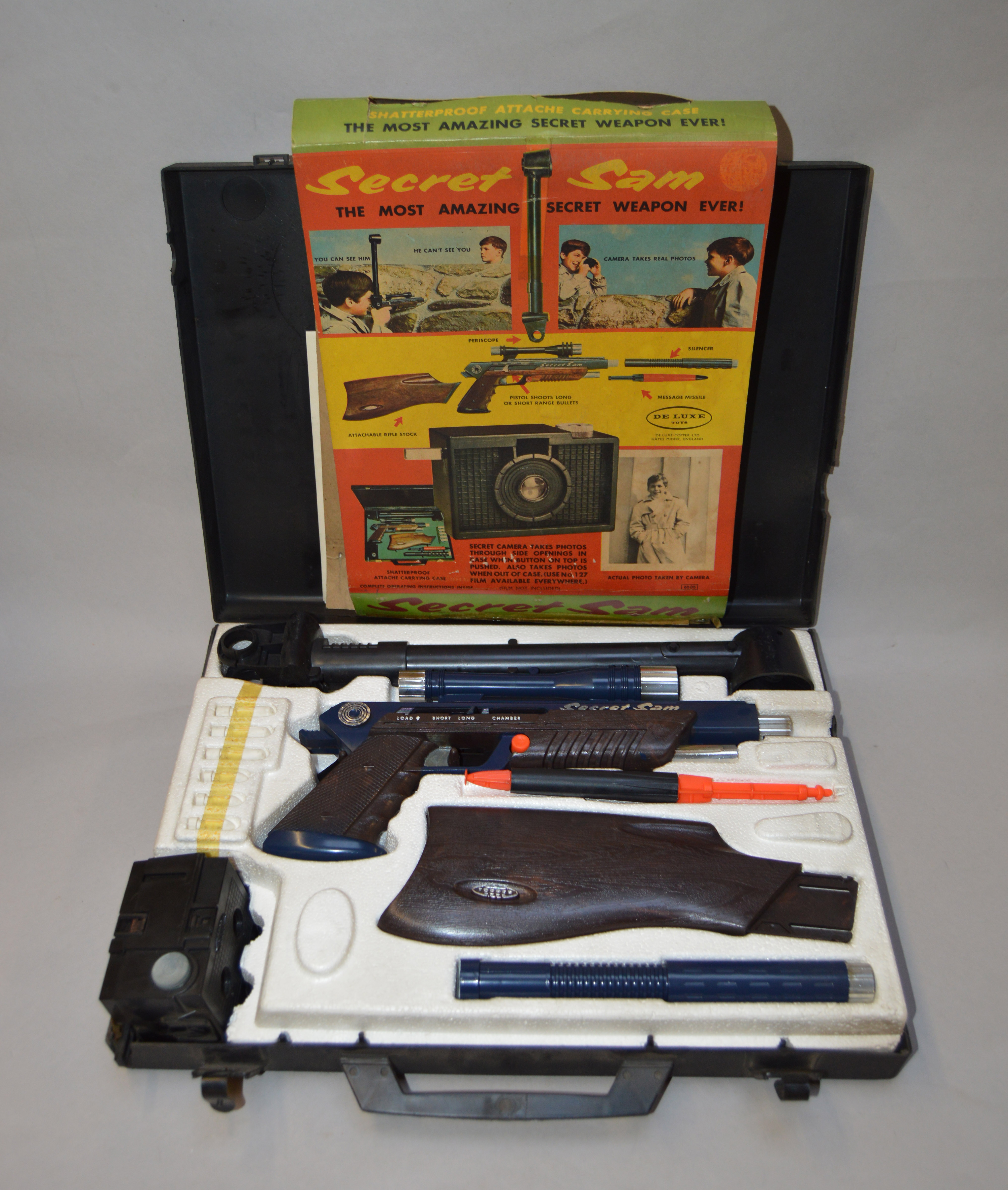 DeLuxe Toys/Topper Secret Sam attache case, complete, includes pistol