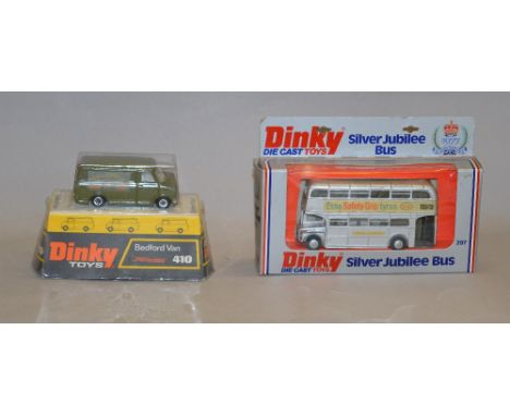 Dinky Toys Promo No. 410 Bedford Van in dark green with Parlophone advertising together with scarce Dinky No. 289 Routemaster