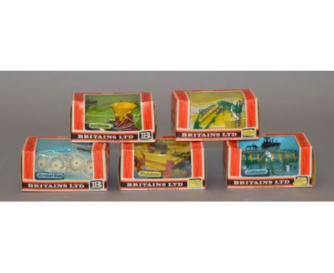 Five Britains Farm Implements, 1:32 scale: 9535 Muledozer; 9536 Cultivator; 9537 Acrobat Rake; 9538 Vari-Spreader; 9600 Post 