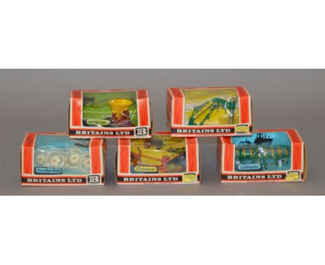 Five Britains Farm Implements, 1:32 scale: 9535 Muledozer; 9536 Cultivator; 9537 Acrobat Rake; 9538 Vari-Spreader; 9600 Post 