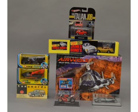 Selection of diecast models: Corgi 107 Batboat with Batman and Robin figures in box; Corgi 267 Batmobile in reproduction box;