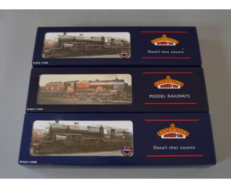 OO Gauge. Bachmann. 3 x locomotives. LMS  Crab crimson No. 13098, LMS P/Boiler Scot "The Lancashire Fusilier" crimson & BR Cr