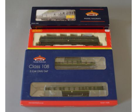 OO Gauge. Hornby & Bachmann 3 x BR green liveried DMU's. Class 108 2 car set, Class 121 single car & Class 108 2 car set. All