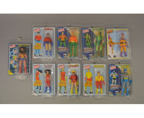 Nine Figures Toy Co Official World's Greatest Heroes 8 inch retro Mego-style action figures: Wonder Woman; Mr Mxyzptlk; Justi