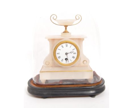 A 20th century glass domed alabaster mantel clock. The clock on an oval wooden base. Having an alabaster body featuring round