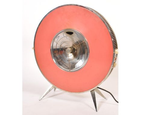 A retro mid century Sputnik Atomic Sofono electric heater of circular form having red enamel sides and raised on Sputnik chro