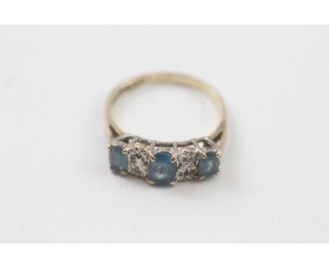 9ct gold blue gemstone &amp; diamond vintage ring (2.2g) 