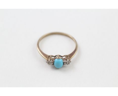 9ct gold vintage diamond &amp; turquoise three stone ring (1g) 