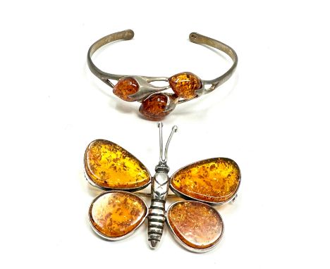 Vintage silver &amp; amber bangle &amp; butterfly brooch the brooch measures approx 4.6cm by 3.8cm 