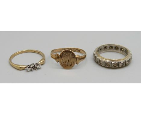 Two 9ct gold rings, one a/f, stones missing, and a 9ct gold and silver ring, (9ct rings 2.8g), Q, N and M 