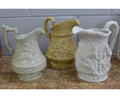 Three relief moulded harvest jugs, Ridgway &amp; Co. x2 and Portmeirion 