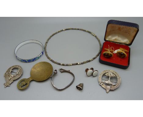 Two clan badges, caddy spoon, enamel bangle, etc.