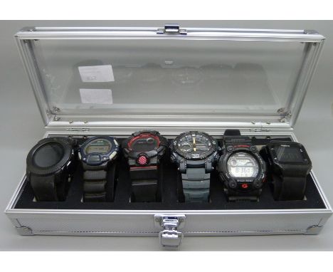 A case of six wristwatches including Casio G-Shock x2 